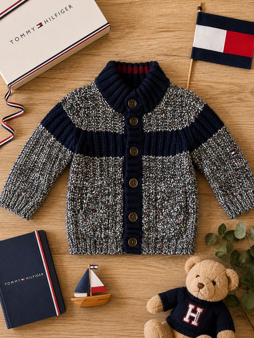 Tommy Hilfiger Baby Boys Shawl Collar Cardigan Sweater Navy Grey 3-6M
